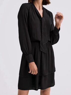 NEW White House Black Market Beaded Embellished Smocked Blouson Dress Black